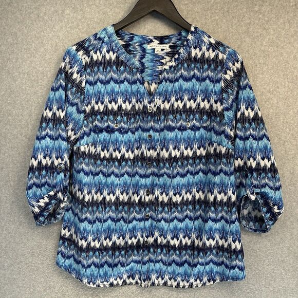 Notations Tops - Notations Womens Blouse Size Medium Blue 3/4 Roll Tab Sleeve Button Up New Tags